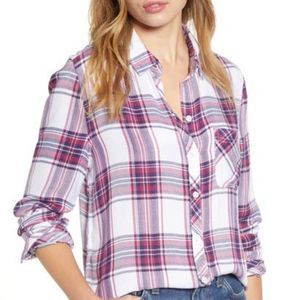 Beach Lunch Lounge Plaid Button Up Top in Crimson Size Small